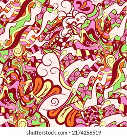 Tracery seamless pattern. Mehndi design. Ethnic colorful doodle texture. Curved doodling background. Vector