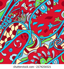 Tracery seamless pattern. Mehndi design. Ethnic colorful doodle texture. Curved doodling background. Vector