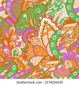 Tracery seamless pattern. Mehndi design. Ethnic colorful doodle texture. Curved doodling background. Vector