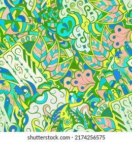 Tracery seamless pattern. Mehndi design. Ethnic colorful doodle texture. Curved doodling background. Vector