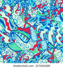Tracery seamless pattern. Mehndi design. Ethnic colorful doodle texture. Curved doodling background. Vector