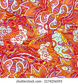 Tracery seamless pattern. Mehndi design. Ethnic colorful doodle texture. Curved doodling background. Vector