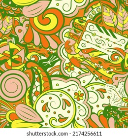 Tracery seamless pattern. Mehndi design. Ethnic colorful doodle texture. Curved doodling background. Vector