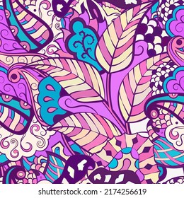 Tracery seamless pattern. Mehndi design. Ethnic colorful doodle texture. Curved doodling background. Vector