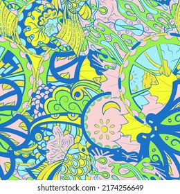 Tracery seamless pattern. Mehndi design. Ethnic colorful doodle texture. Curved doodling background. Vector