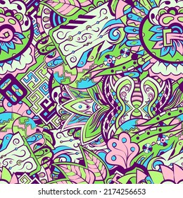 Tracery seamless pattern. Mehndi design. Ethnic colorful doodle texture. Curved doodling background. Vector