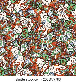 Tracery seamless pattern. Mehndi design. Ethnic colorful doodle texture. Curved doodling background. Vector