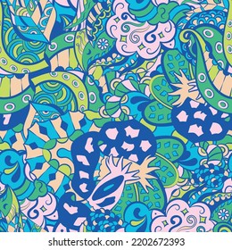 Tracery seamless pattern. Mehndi design. 6 colors. Ethnic colorful doodle texture. Curved doodling background. Vector