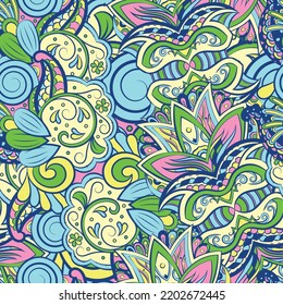 Tracery seamless pattern. Mehndi design. 6 colors. Ethnic colorful doodle texture. Curved doodling background. Vector