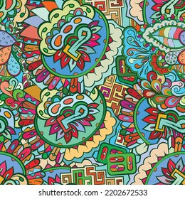 Motif harmonieux de trace. Design Mehndi. Texture ethnique colorée de gribouillis. Arrière-plan gribouillage courbe. Image vectorielle