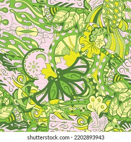 Tracery seamless pattern. Mehndi design. 6 colors. Ethnic colorful doodle texture. Curved doodling background. Vector
