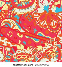 Motif harmonieux de trace. Design Mehndi. Texture ethnique colorée de gribouillis. Arrière-plan gribouillage courbe. Image vectorielle