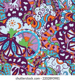 Tracery seamless pattern. Mehndi design. Ethnic colorful doodle texture. Curved doodling background. Vector