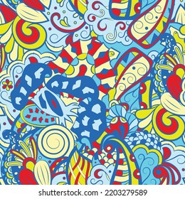 Tracery seamless pattern. Mehndi design. 6 colors. Ethnic colorful doodle texture. Curved doodling background. Vector