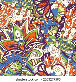 Tracery seamless pattern. Mehndi design. 6 colors. Ethnic colorful doodle texture. Curved doodling background. Vector