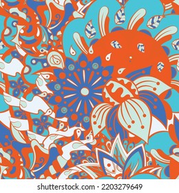 Tracery seamless pattern. Mehndi design. 6 colors. Ethnic colorful doodle texture. Curved doodling background. Vector