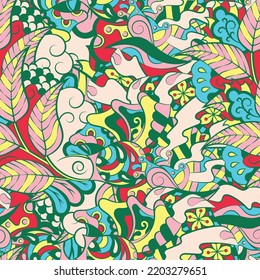 Tracery seamless pattern. Mehndi design. 6 colors. Ethnic colorful doodle texture. Curved doodling background. Vector