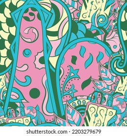Tracery seamless pattern. Mehndi design. 6 colors. Ethnic colorful doodle texture. Curved doodling background. Vector