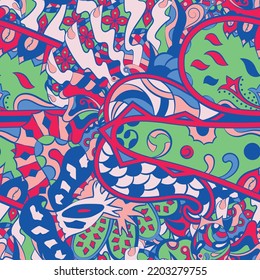 Tracery seamless pattern. Mehndi design. 6 colors. Ethnic colorful doodle texture. Curved doodling background. Vector