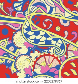 Tracery seamless pattern. Mehndi design. 6 colors. Ethnic colorful doodle texture. Curved doodling background. Vector