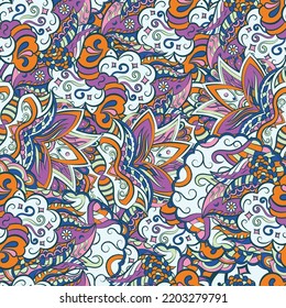 Tracery seamless pattern. Mehndi design. 7 colors. Ethnic colorful doodle texture. Curved doodling background. Vector