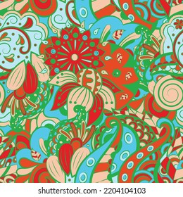 Tracery seamless pattern. Mehndi design. 6 colors. Ethnic colorful doodle texture. Curved doodling background. Vector