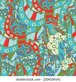Tracery seamless pattern. Mehndi design. 6 colors. Ethnic colorful doodle texture. Curved doodling background. Vector