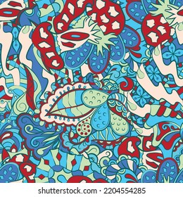 Tracery seamless pattern. Mehndi design. 7 colors. Ethnic colorful doodle texture. Curved doodling background. Vector