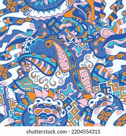 Tracery seamless pattern. Mehndi design. 6 colors. Ethnic colorful doodle texture. Curved doodling background. Vector