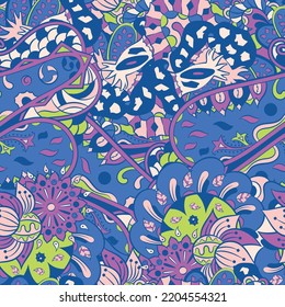 Tracery seamless pattern. Mehndi design. 6 colors. Ethnic colorful doodle texture. Curved doodling background. Vector