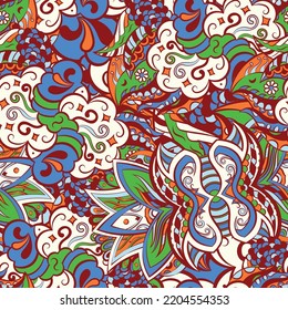 Tracery seamless pattern. Mehndi design. 6 colors. Ethnic colorful doodle texture. Curved doodling background. Vector