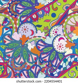 Motif harmonieux de trace. Design Mehndi. Texture ethnique colorée de gribouillis. Arrière-plan gribouillage courbe. Image vectorielle