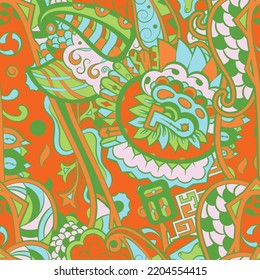 Tracery seamless pattern. Mehndi design. 6 colors. Ethnic colorful doodle texture. Curved doodling background. Vector