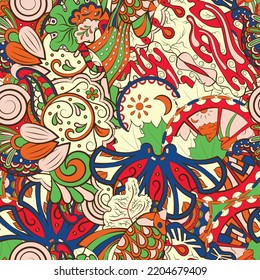 Tracery seamless pattern. Mehndi design. Ethnic colorful doodle texture. Curved doodling background. Vector