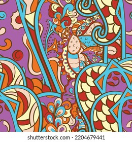 Tracery seamless pattern. Mehndi design. 7 colors. Ethnic colorful doodle texture. Curved doodling background. Vector