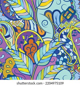 Tracery seamless pattern. Mehndi design. Ethnic colorful doodle texture. Curved doodling background. Vector