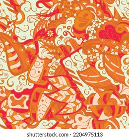 Motif harmonieux de trace. Design Mehndi. 6 couleurs. Texture ethnique colorée de gribouillis. Arrière-plan gribouillage courbe. Image vectorielle