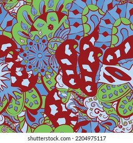 Tracery seamless pattern. Mehndi design. 6 colors. Ethnic colorful doodle texture. Curved doodling background. Vector