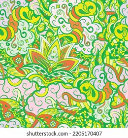 Tracery seamless pattern. Mehndi design. Ethnic colorful doodle texture. Curved doodling background. Vector