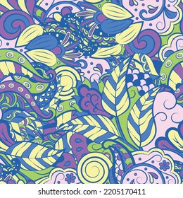 Tracery seamless pattern. Mehndi design. 6 colors. Ethnic colorful doodle texture. Curved doodling background. Vector