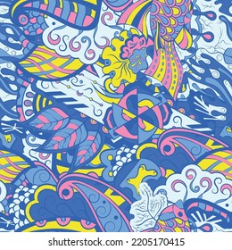 Tracery seamless pattern. Mehndi design. 6 colors. Ethnic colorful doodle texture. Curved doodling background. Vector