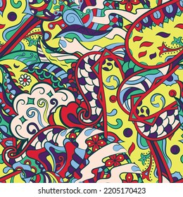 Tracery seamless pattern. Mehndi design. 7 colors. Ethnic colorful doodle texture. Curved doodling background. Vector