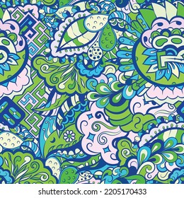 Tracery seamless pattern. Mehndi design. Ethnic colorful doodle texture. Curved doodling background. Vector