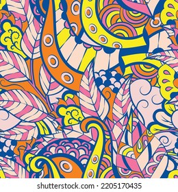 Tracery seamless pattern. Mehndi design. 6 colors. Ethnic colorful doodle texture. Curved doodling background. Vector