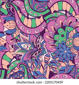 Tracery seamless pattern. Mehndi design. 6 colors. Ethnic colorful doodle texture. Curved doodling background. Vector