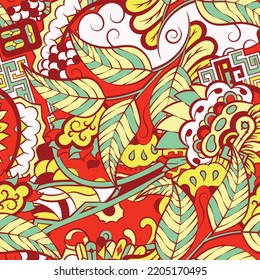 Tracery seamless pattern. Mehndi design. 6 colors. Ethnic colorful doodle texture. Curved doodling background. Vector