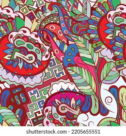 Tracery seamless pattern. Mehndi design. Ethnic colorful doodle texture. Curved doodling background. Vector