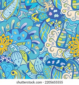 Tracery seamless pattern. Mehndi design. Ethnic colorful doodle texture. Curved doodling background. Vector