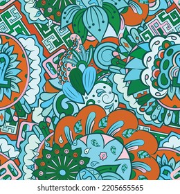 Tracery seamless pattern. Mehndi design. Ethnic colorful doodle texture. Curved doodling background. Vector