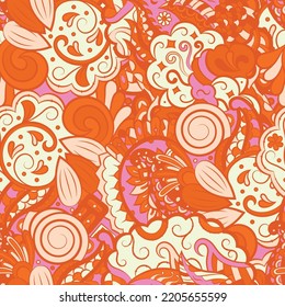 Tracery seamless pattern. Mehndi design. 6 colors. Ethnic colorful doodle texture. Curved doodling background. Vector